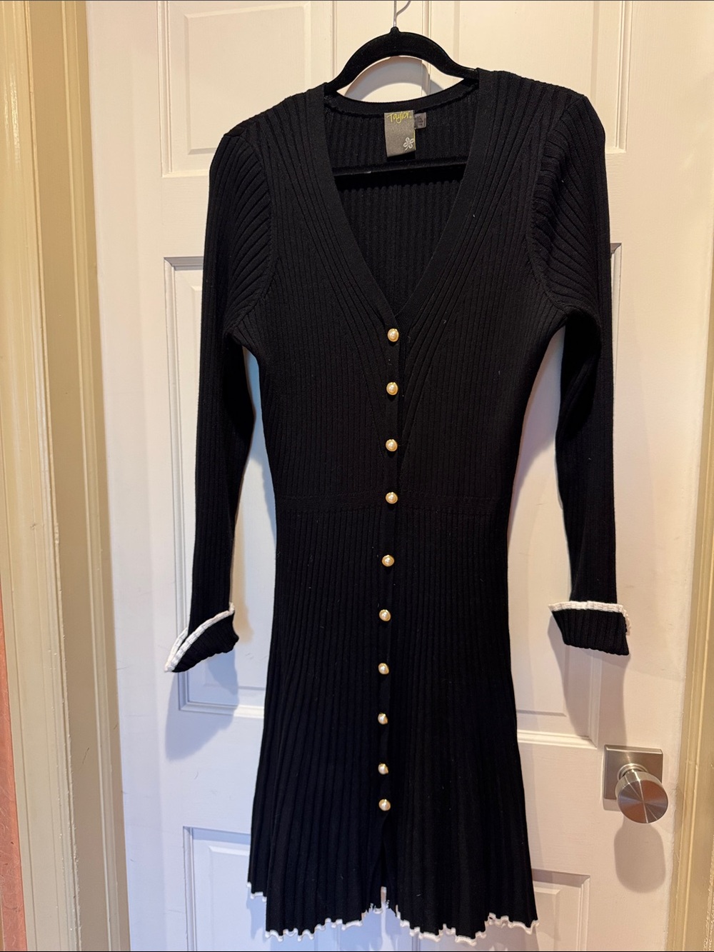 Taylor Black Ribbed V-Neck Long Sleeve Dress with Gold Buttons